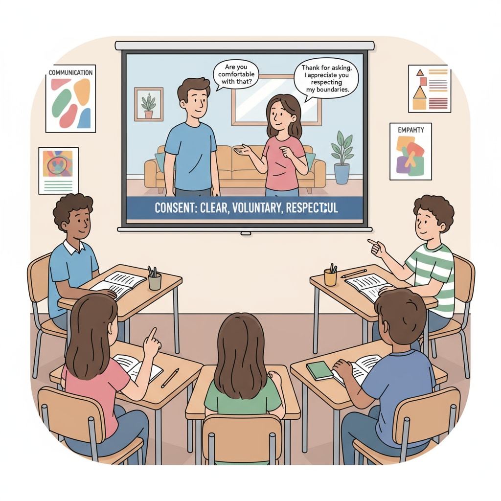 Teenagers watching an educational film related to the concept of consent for anti-bullying education