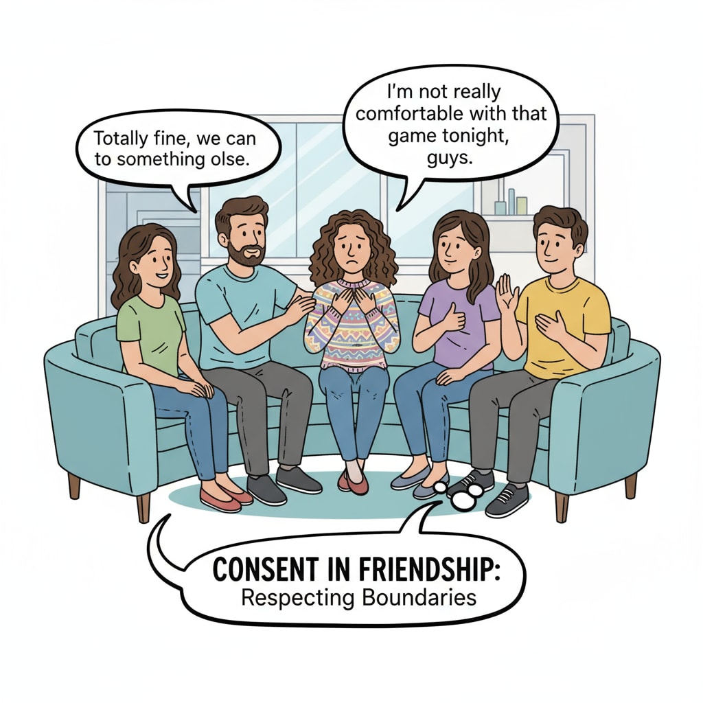 A TV show scene depicting consent among friends for anti-bullying education