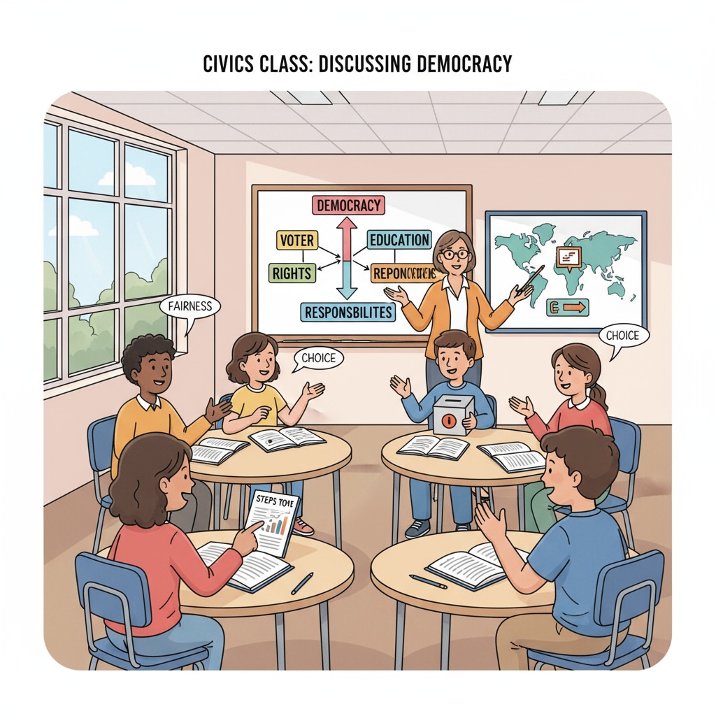 Classroom scene of students discussing democratic concepts for voter education and civic engagement