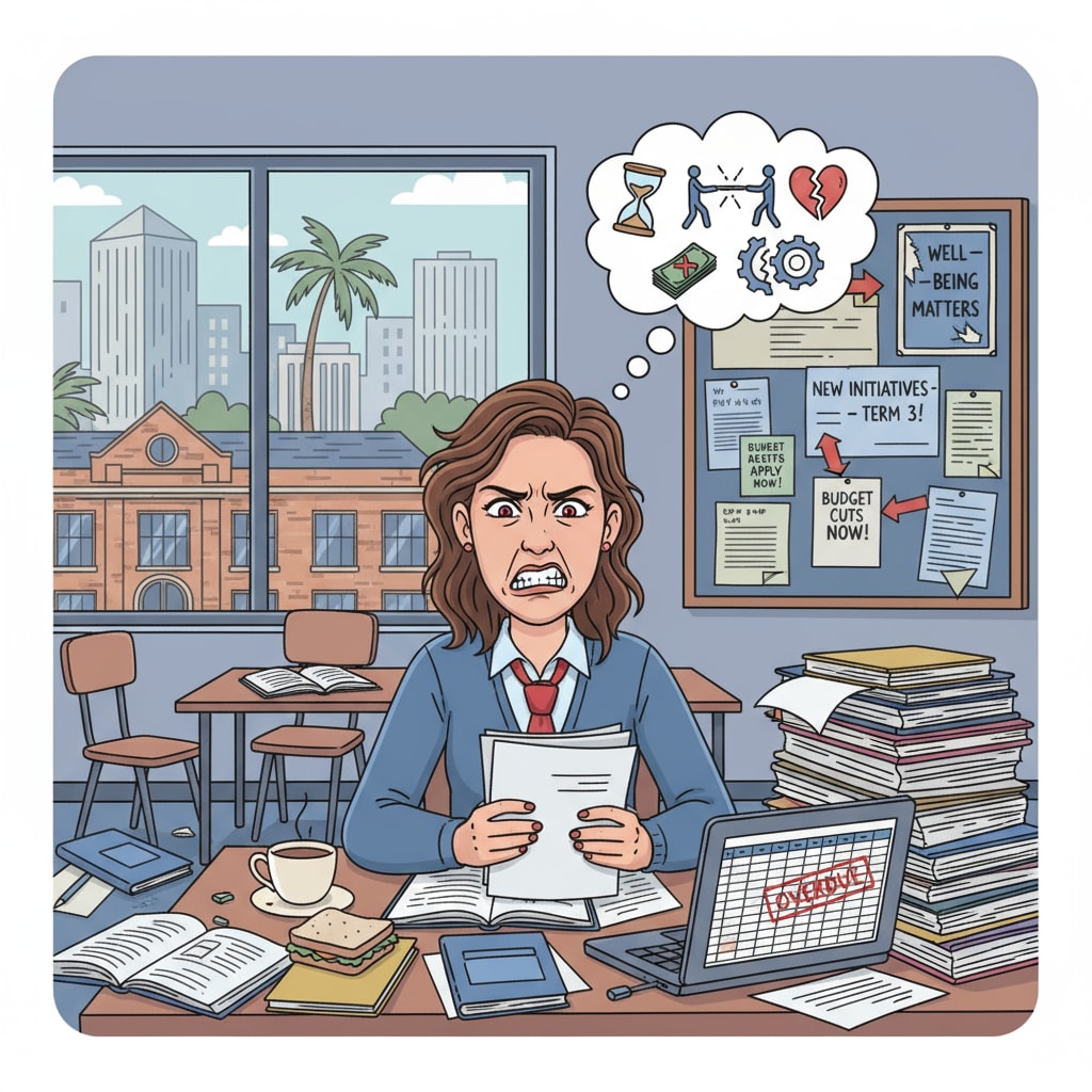 A frustrated teacher sitting at a desk in a classroom of a British school in Asia, depicting the impact of management issues on teachers' well-being. Frustrated teacher in a British school classroom in Asia due to management problems and racial discrimination.