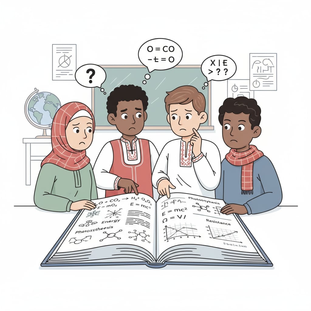 A group of students from different countries are looking at a science textbook filled with English-based science symbols, showing signs of confusion. Students facing language barriers due to English-based science symbols in a K12 science education setting