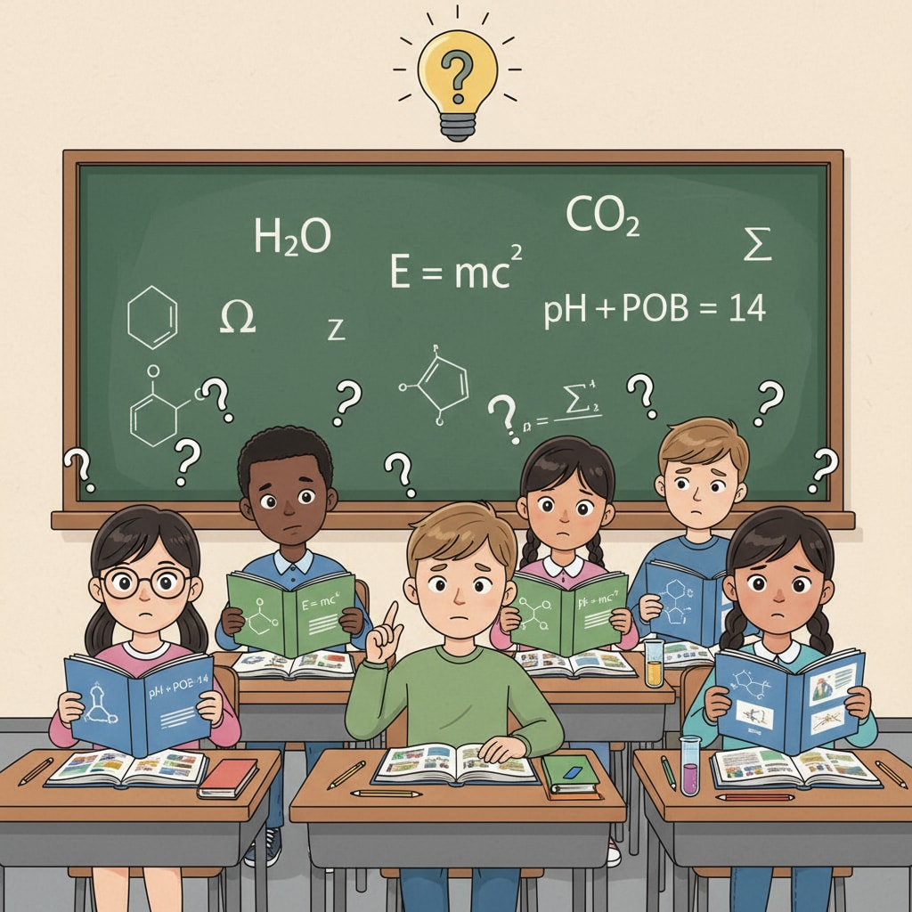 In a classroom, students with diverse backgrounds are sitting at their desks, looking perplexed at the science symbols written in English on the blackboard. Classroom scene depicting the challenges of non-English native students in understanding English-based science symbols in K12 education
