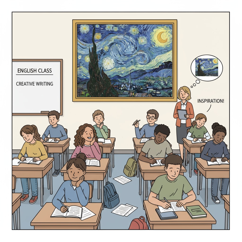 High school students writing stories inspired by a famous painting in an English class