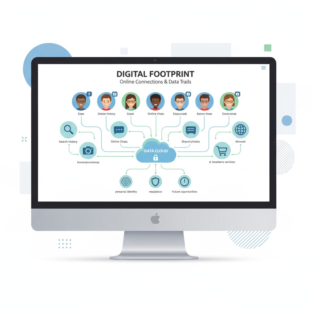 Visual representation of how student photos on social media contribute to their digital footprint, linked to student privacy, facial recognition, and digital footprints