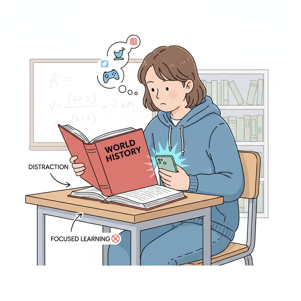 A student being distracted by technology while reading, highlighting the impact on reading ability in the context of educational standards