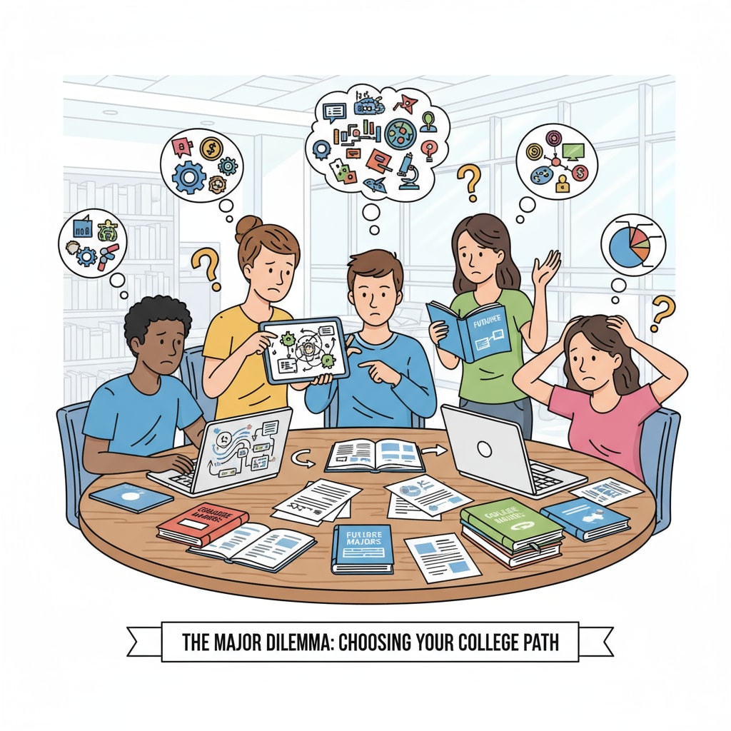 Students discussing college majors with confused expressions, related to the lack of academic enthusiasm and desire for social experience.