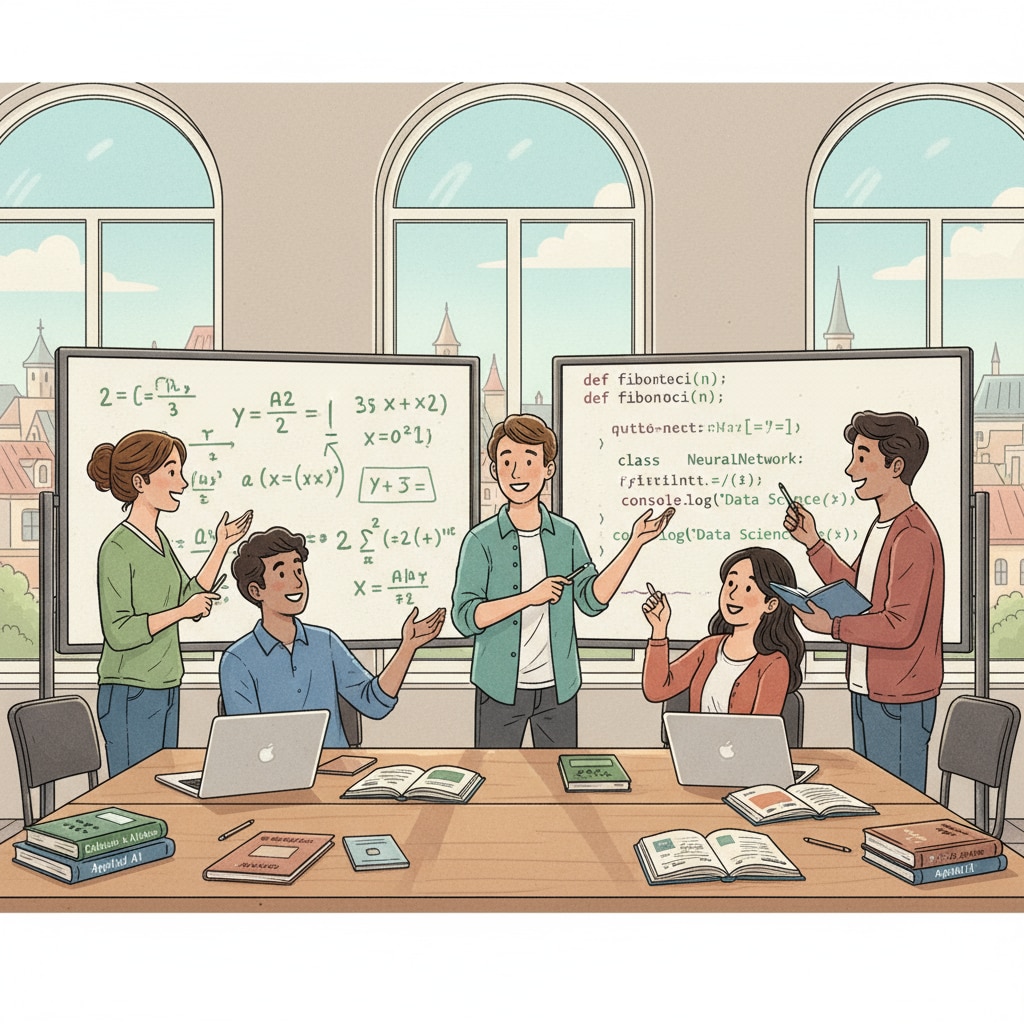 A group of students are having an animated discussion about math and programming concepts in a modern European university classroom. There are whiteboards with equations and code snippets. Students discussing math and programming in a European university classroom related to university major selection
