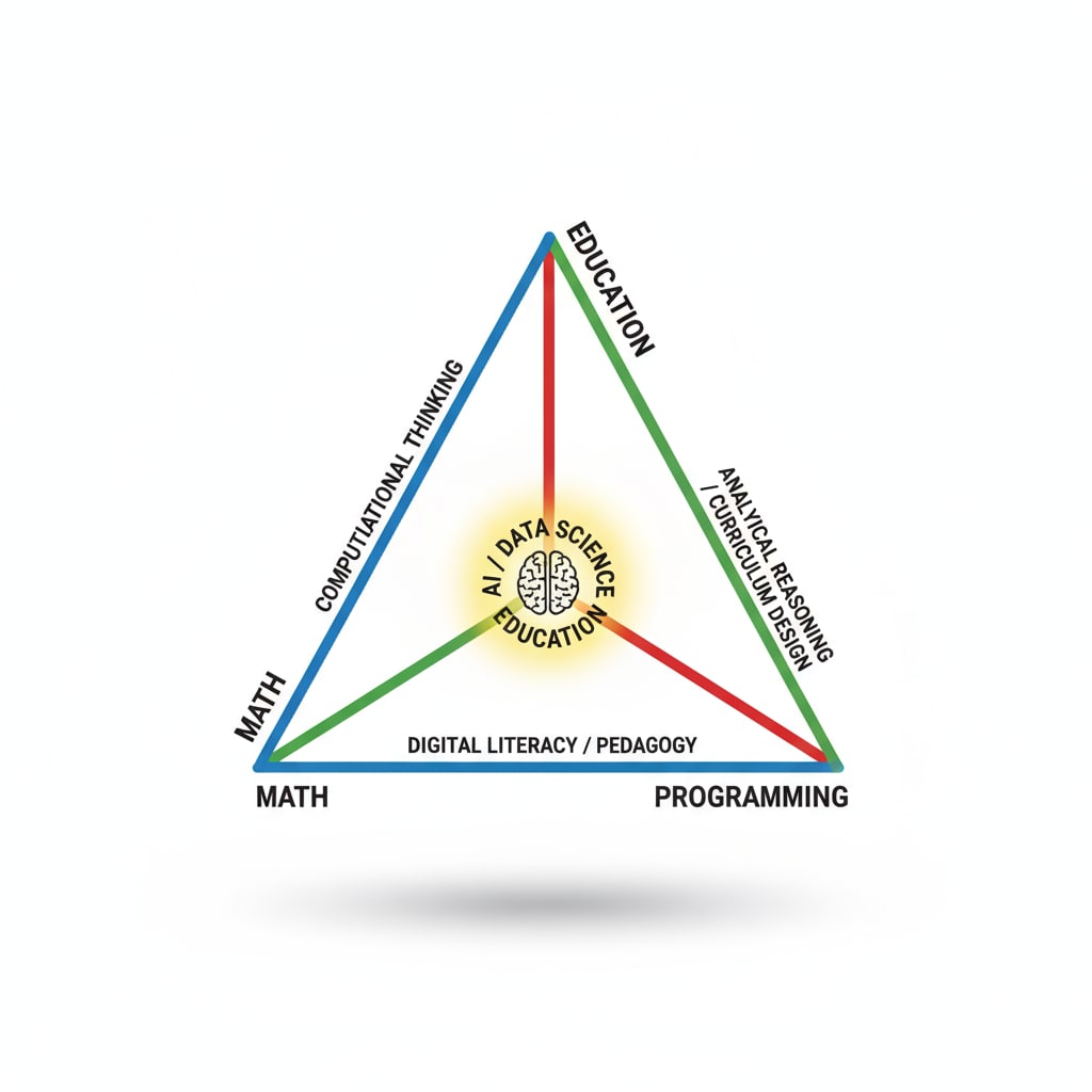 A graph with three axes representing math, programming, and education. Lines connect the axes, showing the relationships and intersections between the three fields. Graph depicting the relationship between math, programming, and education for European study majors