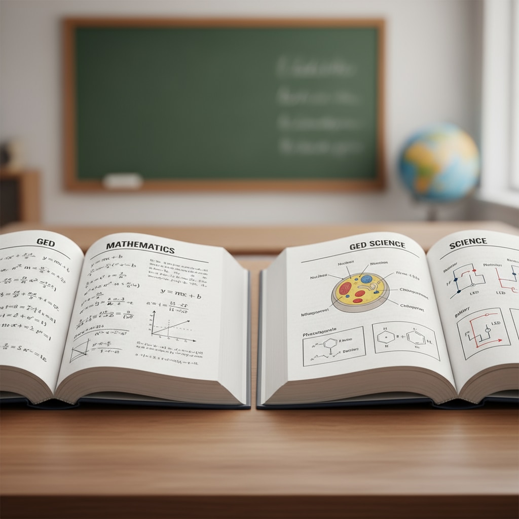 An image showing open books with math equations and scientific diagrams related to GED study GED math and science study resources