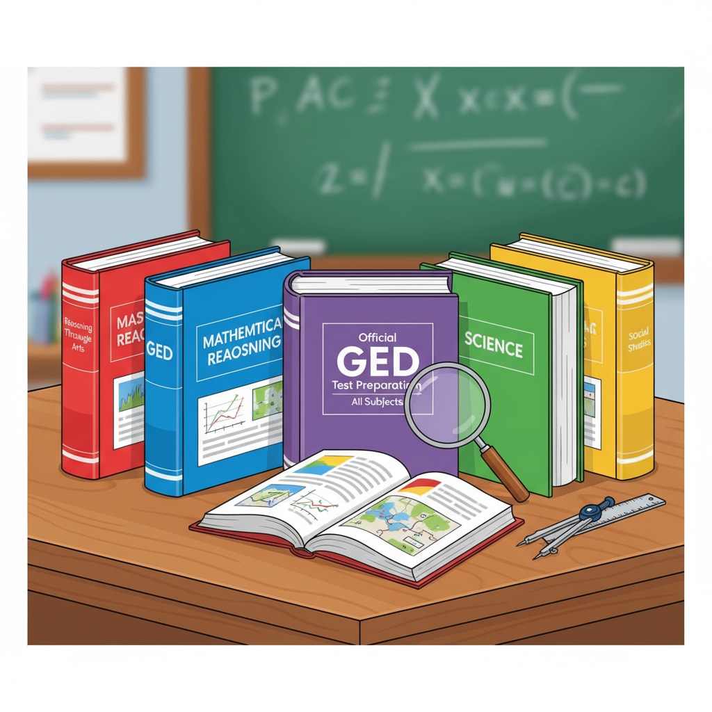 A picture of the official GED study guides neatly arranged on a table Official GED study guides for math and science