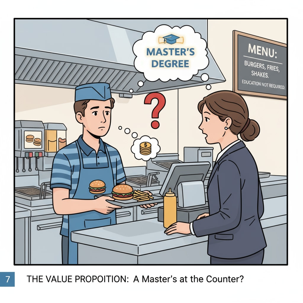 A master's degree holder in a fast-food restaurant, highlighting the relationship between university degrees, job market, and career development.