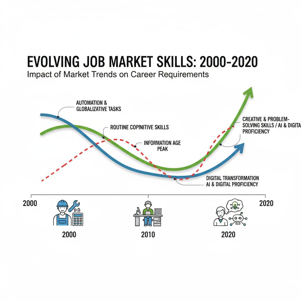 A graph showing the changing demand for skills in the job market related to university degrees and career development.