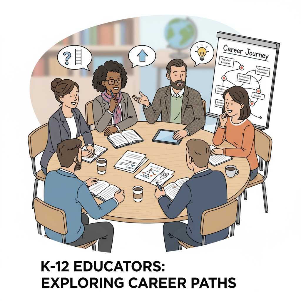 A group of K12 educators are sitting around a table, engaged in a deep discussion about their career paths, with some looking thoughtful and others expressing their opinions. K12 educators discussing academic upgrade, career choice, and additional education