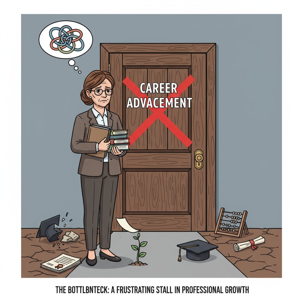 An educator is standing in front of a closed door with a sad expression, symbolizing the frustration of hitting a career bottleneck. Educator facing career bottleneck in the context of academic upgrade, career choice, and additional education