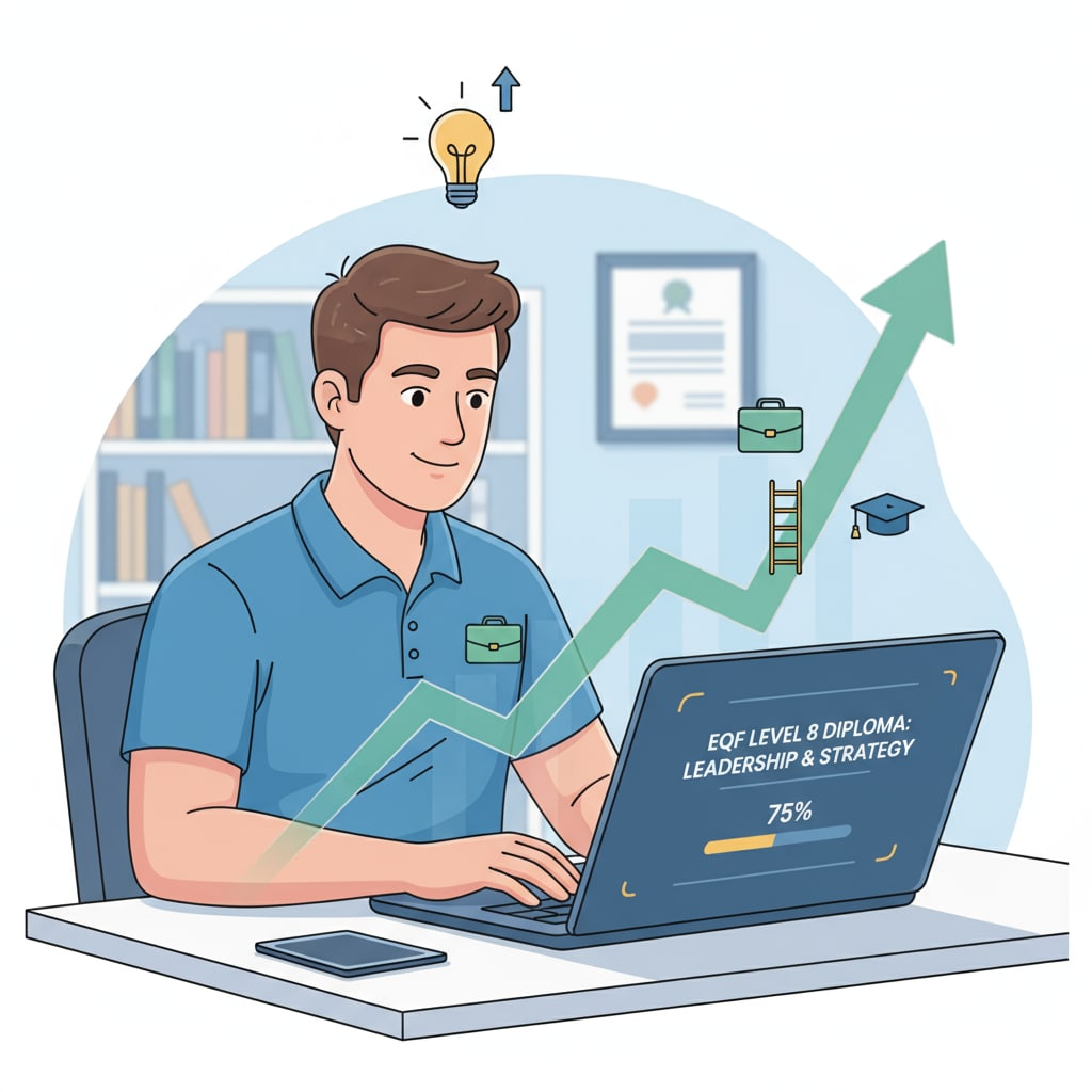 A full-time worker studying an online EQF 8 course on a laptop for career advancement
