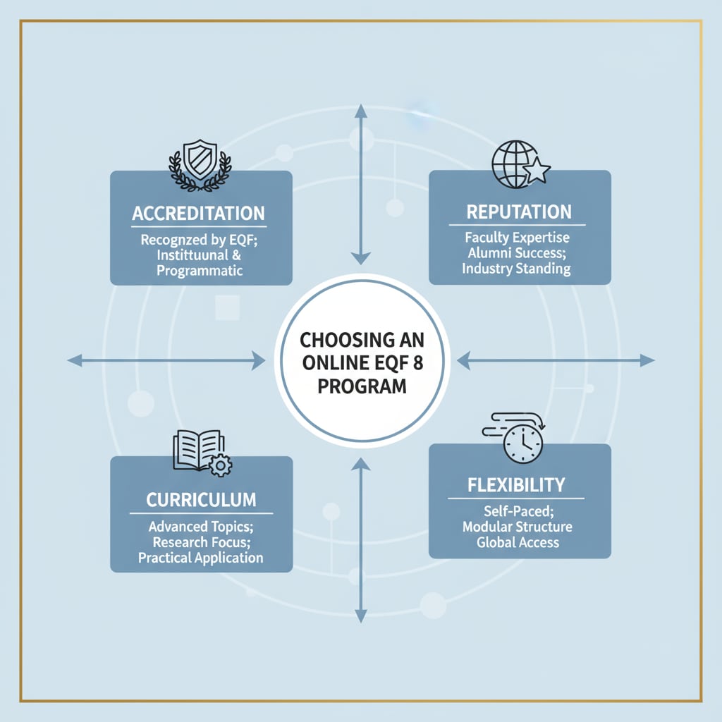 Graphic showing elements to consider for choosing an online EQF 8 program