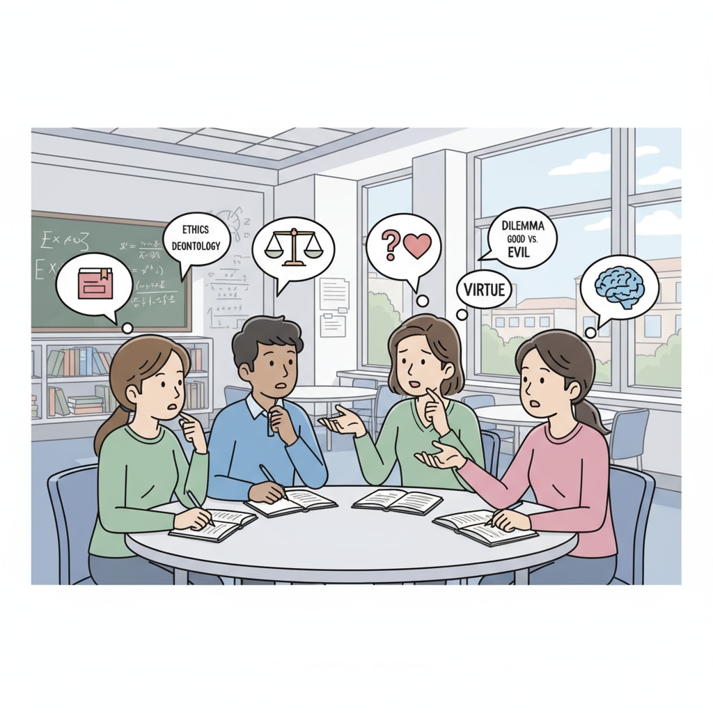 A group of students are having an in-depth conversation about moral philosophy topics, with notebooks and pens in hand, showing their active engagement. Students discussing moral philosophy to cultivate empathy as part of compulsory courses