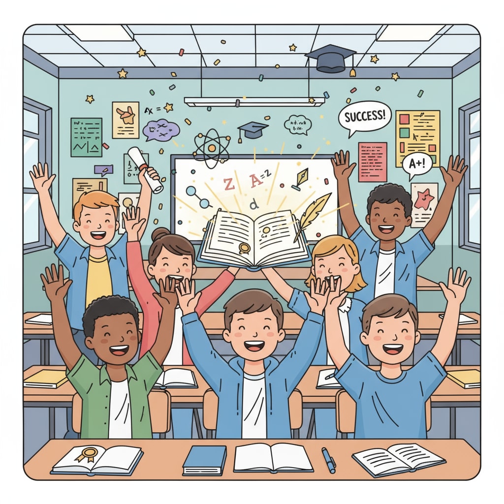 Adolescent education, basic literacy, and teaching planning - students celebrating learning achievements