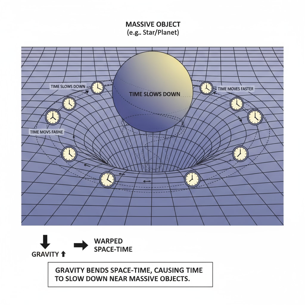 Diagram of gravity warping space-time and its connection to time bending