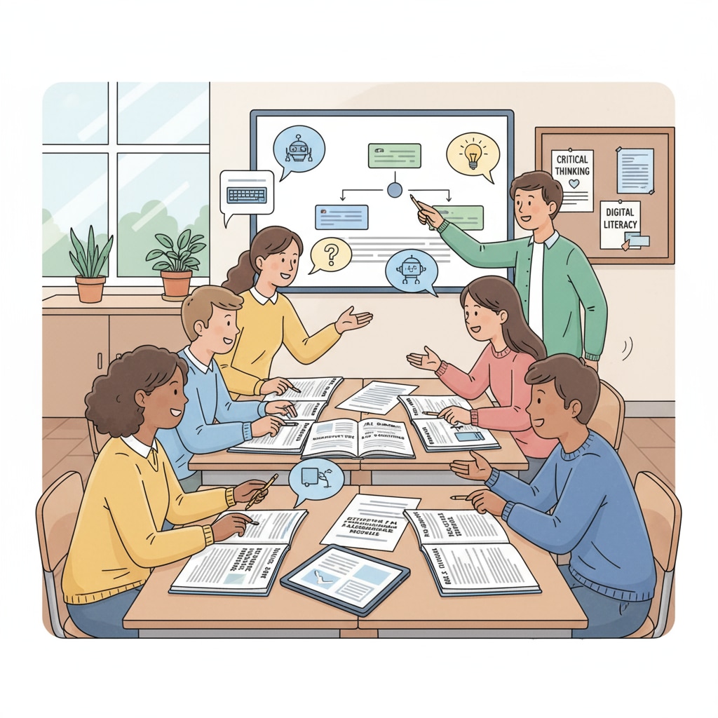 Classroom scene with students discussing AI and writing to explore authenticity and writing styles