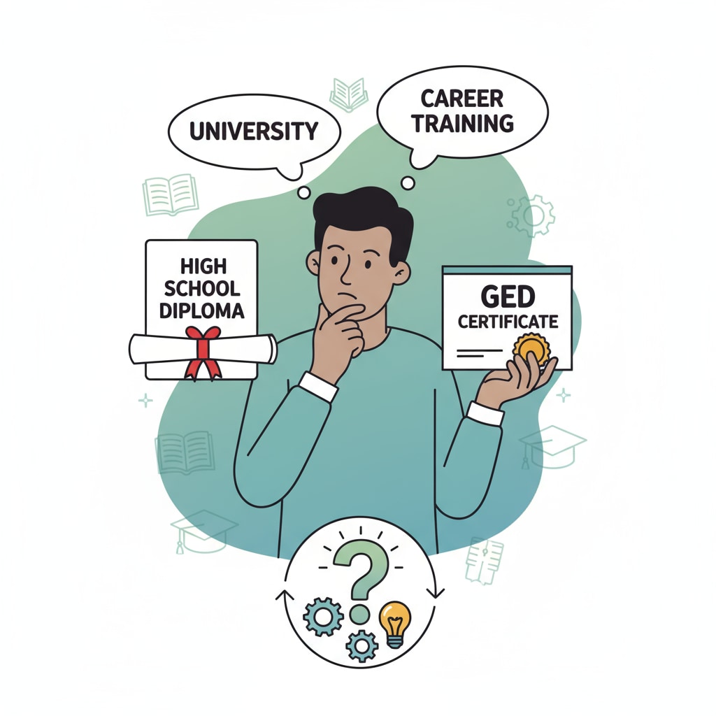 An image showing a person holding both a high school diploma and GED certificate, looking thoughtful, symbolizing the decision-making process in adult education A person considering between high school diploma and GED certificate in adult education