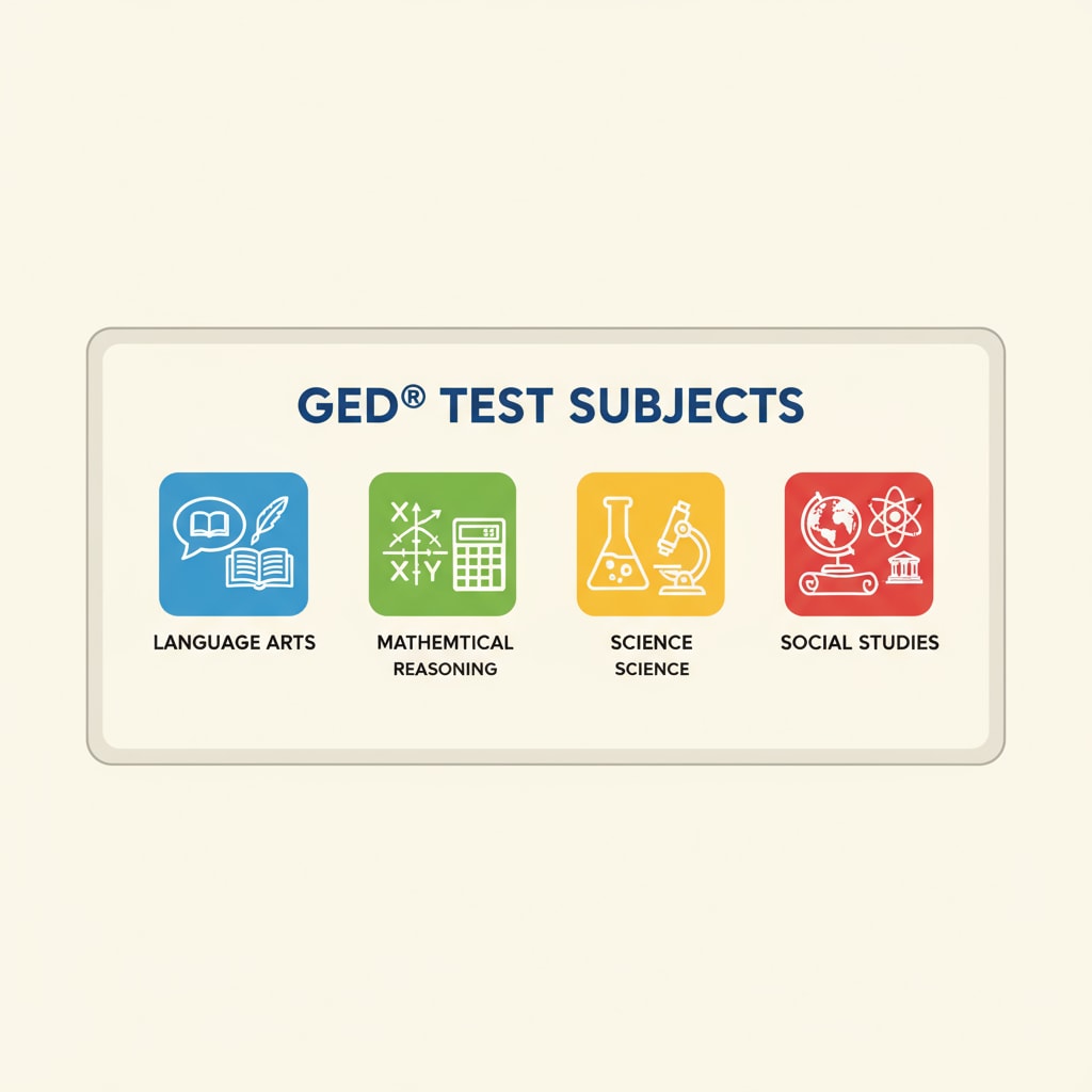 A visual representation of the GED testing subjects, with icons for language arts, math, science, and social studies Visual representation of GED testing subjects in adult education