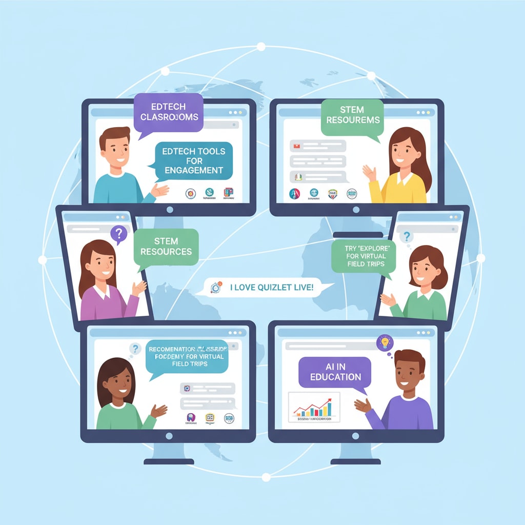 Teachers in a digital community sharing information relevant to educational technology tools for professional growth