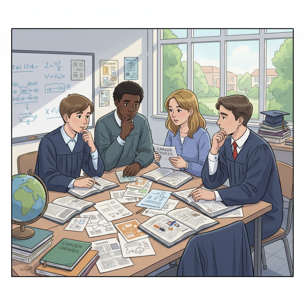 High school graduates discussing career choices related to employment prospects and higher education