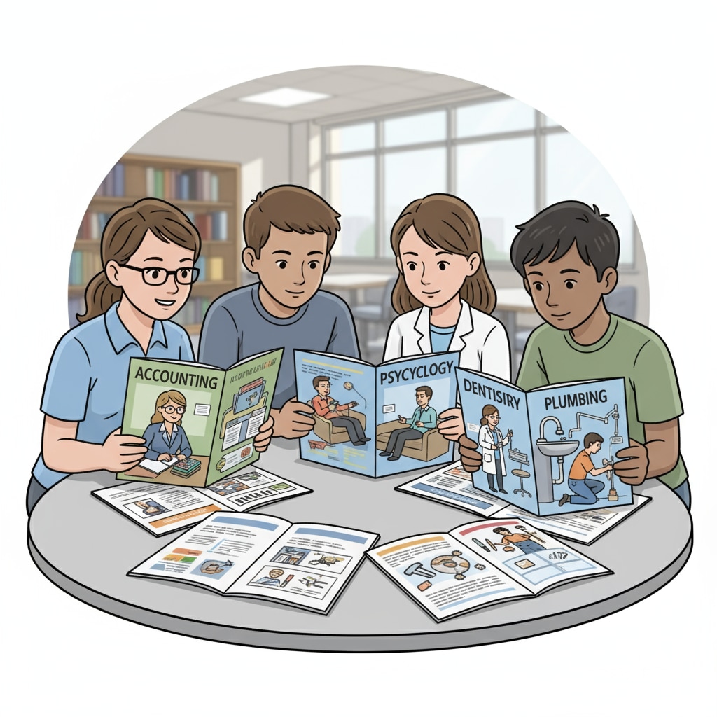 Students exploring career brochures related to different industries, employment prospects, and higher education