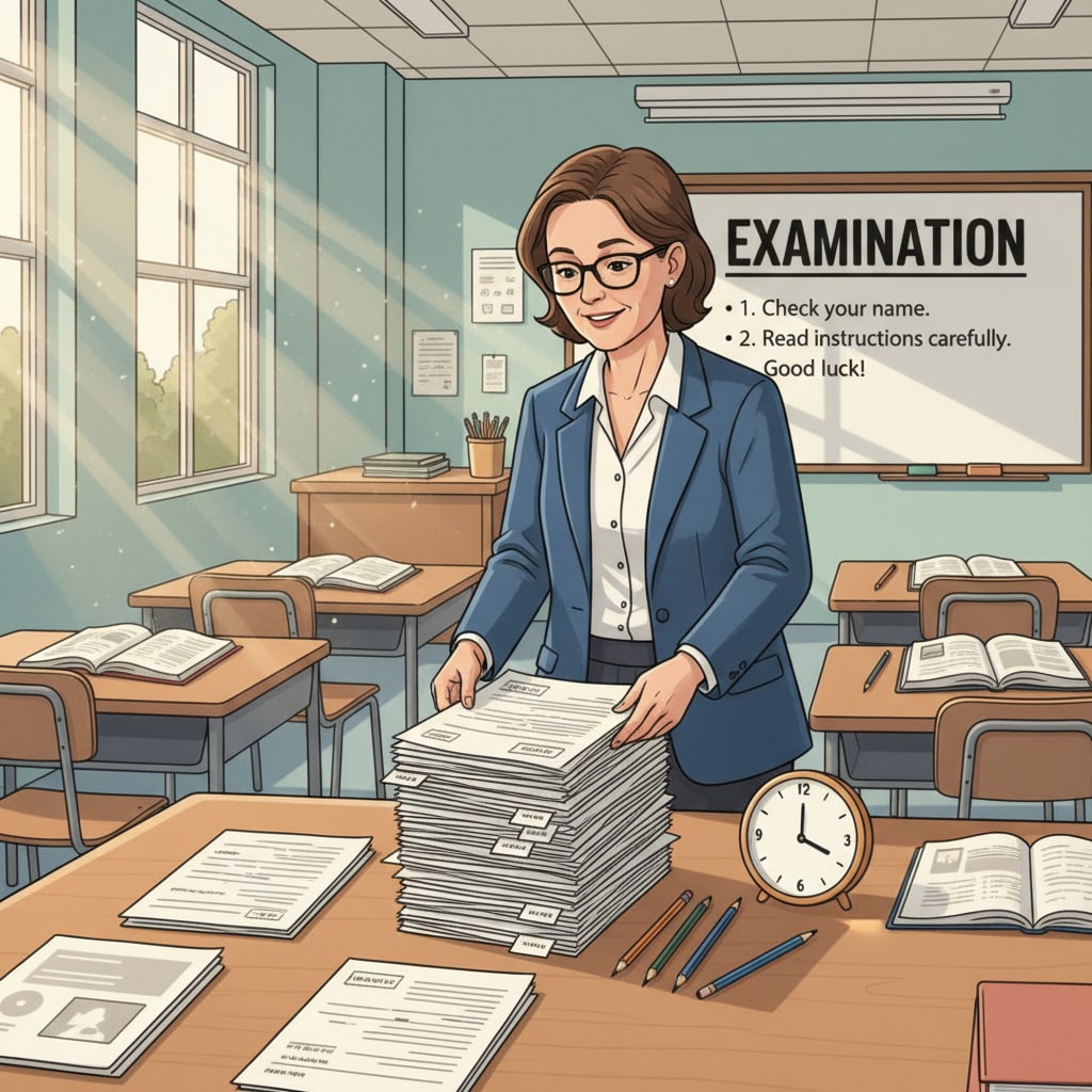 K12 test invigilator preparing exam materials
