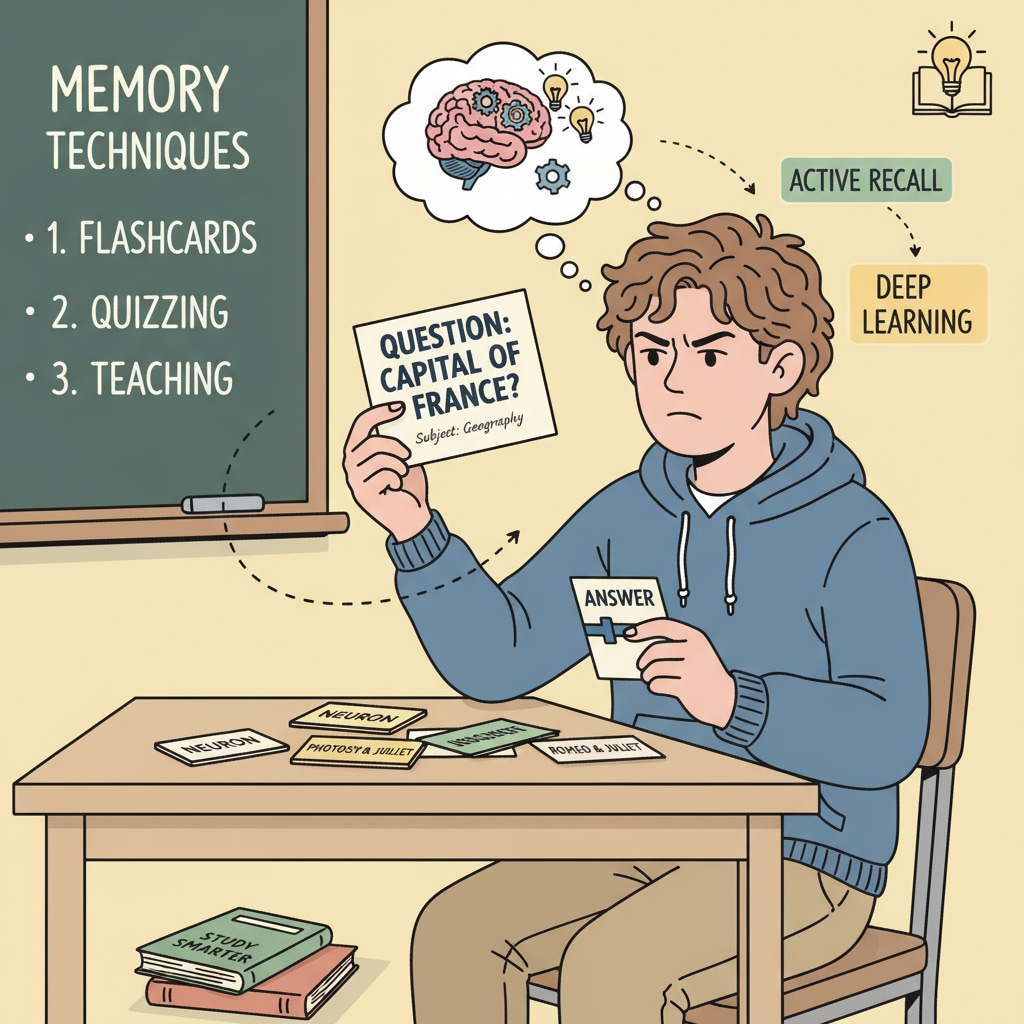 A student using flashcards for active recall in the context of ultralearning, deep learning, and self-directed learning