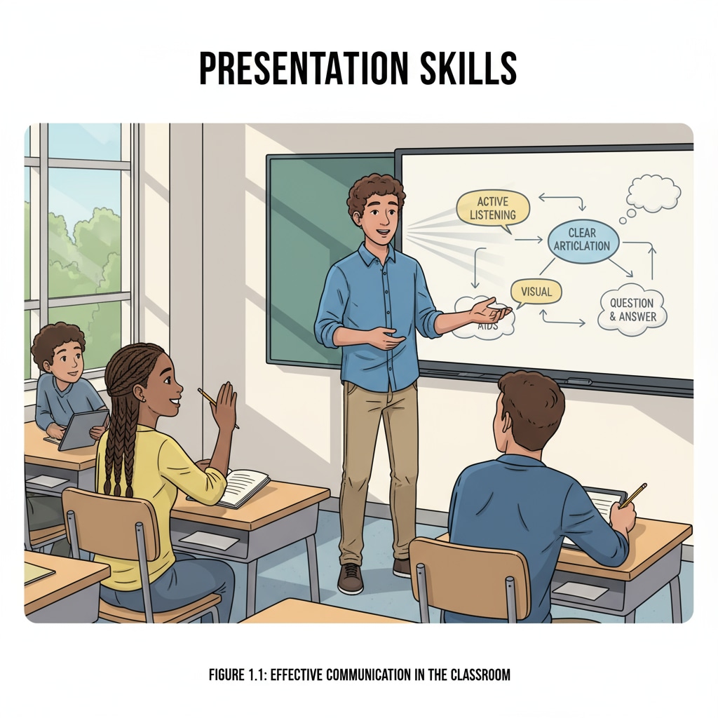 A student presenting an idea in front of the class, highlighting communication skills. Student demonstrating communication skills for workplace readiness in secondary education.