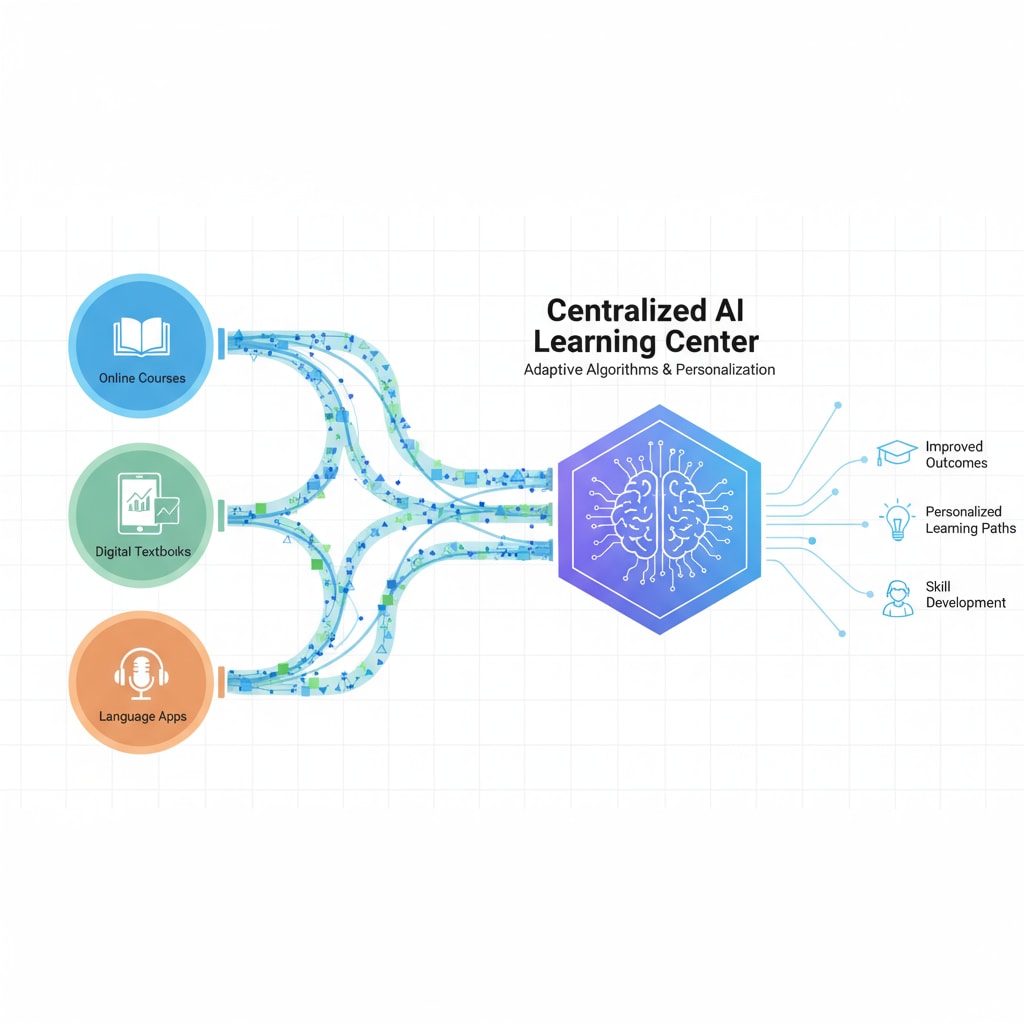 An illustration showing multiple educational platforms with data flowing into a centralized AI learning center Data flow from educational platforms to an AI learning center for integration
