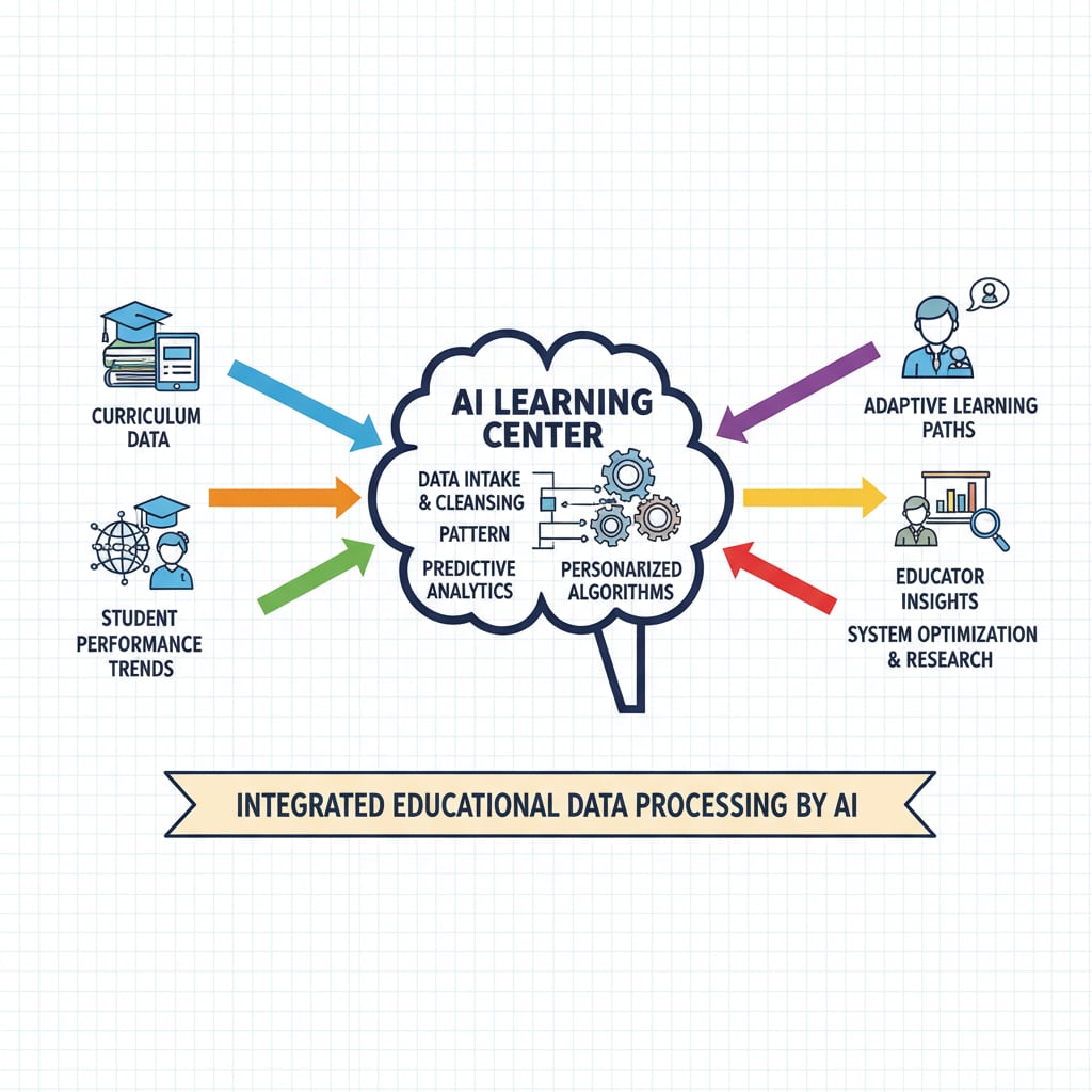 A diagram depicting how an AI learning center processes and analyzes integrated educational data Diagram of an AI learning center analyzing integrated educational data