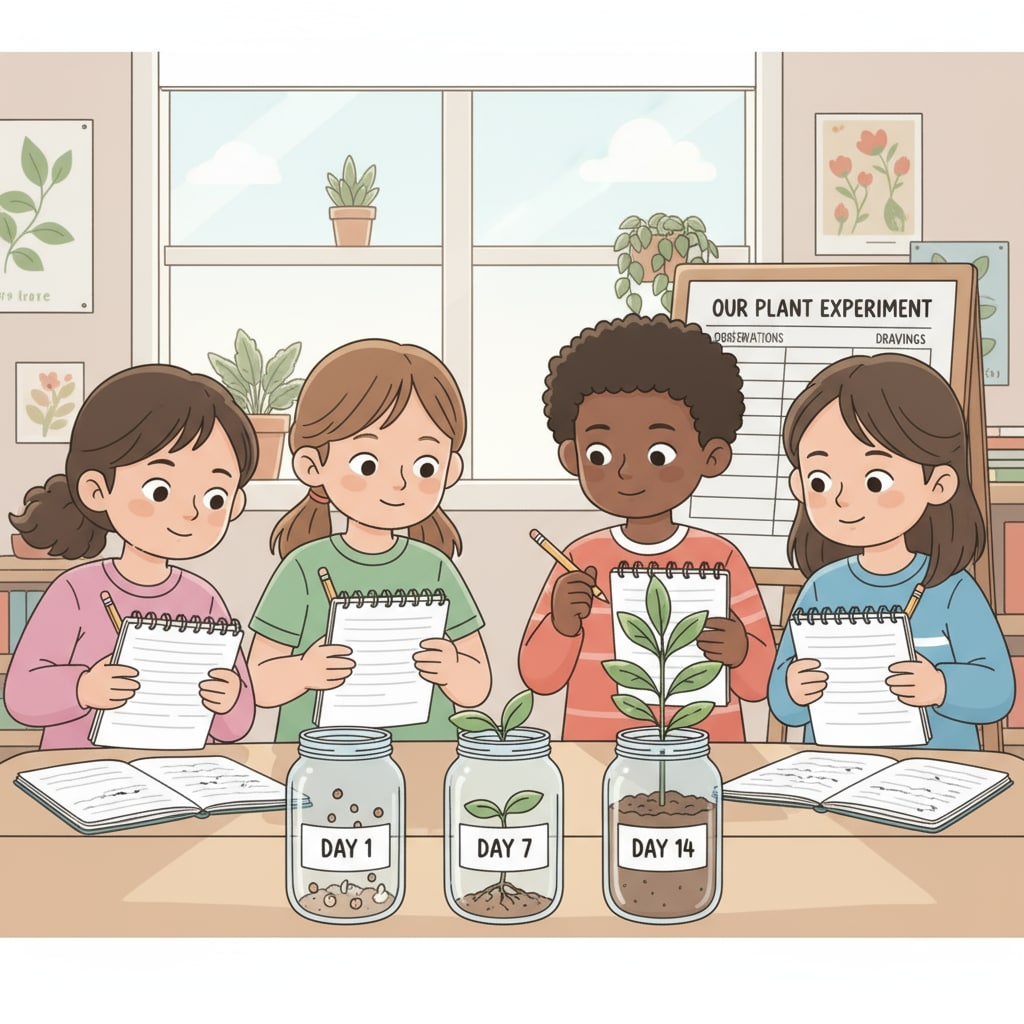 A group of lower grade children are carefully observing a plant growth experiment, with notebooks in hand to record their findings. Lower grade children conducting a plant growth experiment using scientific methods