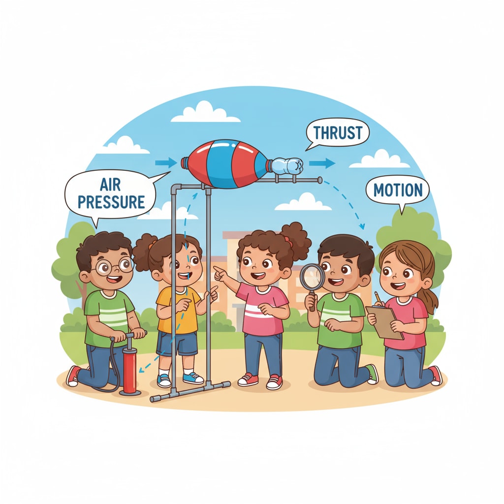 A group of excited children are working together to launch a balloon rocket. They are focused on the experiment, learning about air pressure and motion. Children conducting a balloon rocket experiment as part of a science fair project using scientific methods