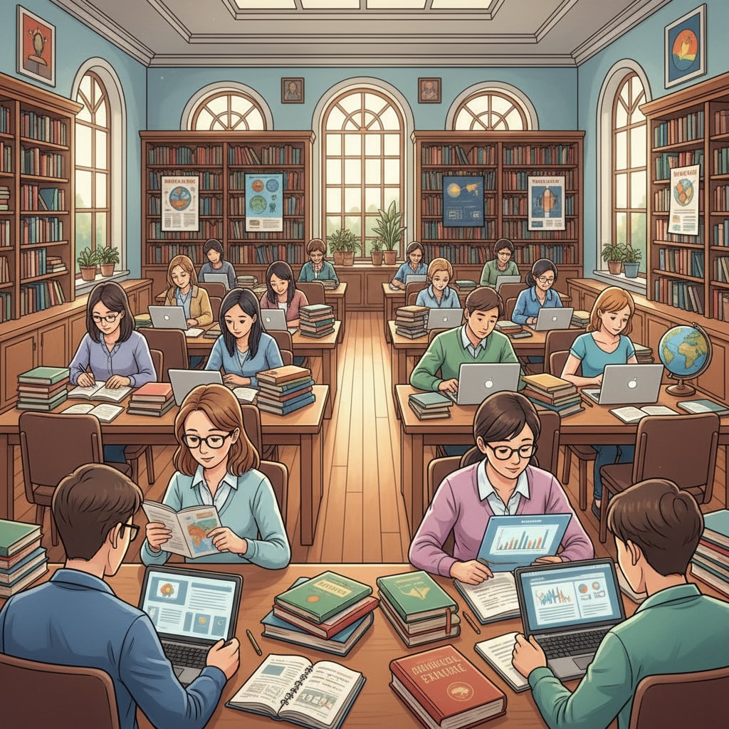 Students are sitting at desks in a library, surrounded by books and laptops, studying for international exams. High school students preparing for international exams to enhance their college applications in a library.