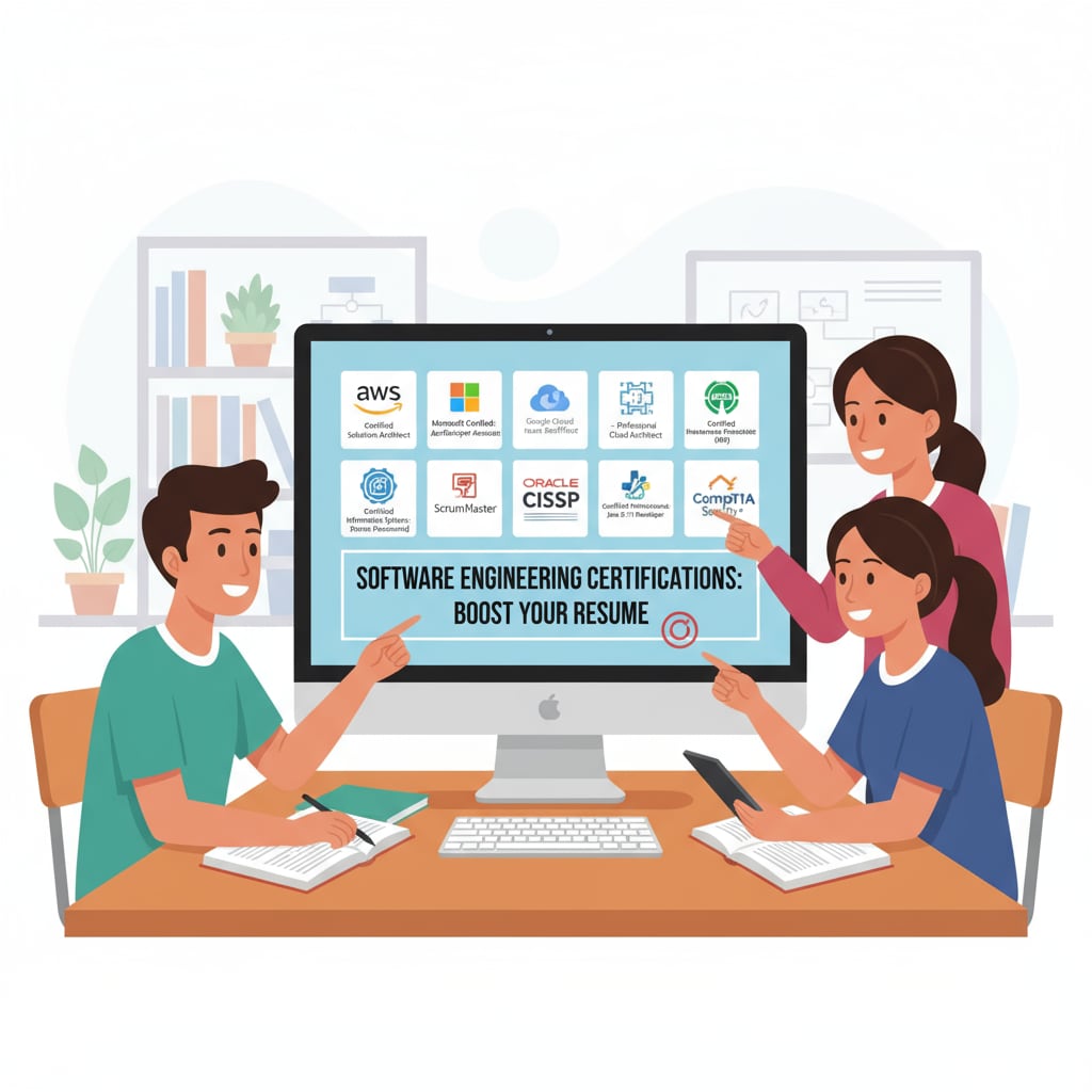 A picture of students looking at a computer screen with various software engineering certification logos displayed. It represents the exploration of different certifications available to enhance one's resume in software engineering. Students exploring software engineering certifications for resume enhancement