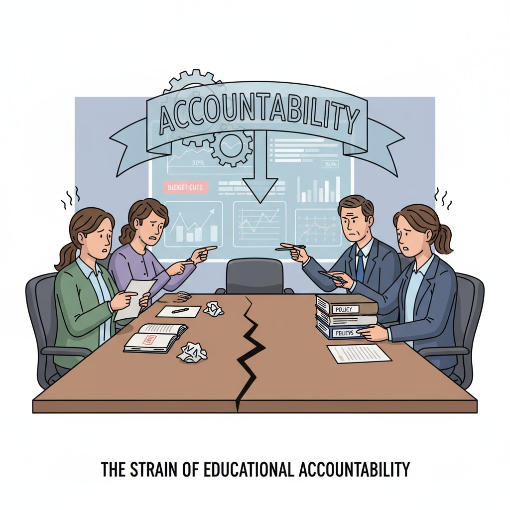 A group of teachers and school administrators in a meeting room, looking serious as they discuss educational policies. This scene represents the shift in their relationship due to educational accountability policies. Teachers and administrators discussing educational accountability, NCLB, school leadership, and education policy.