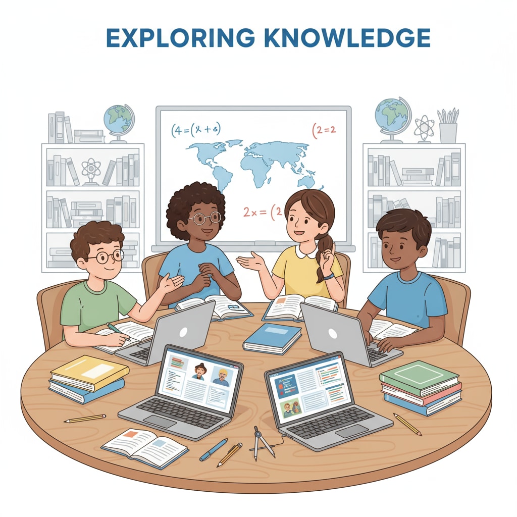 A group of K12 students studying together, with books and laptops showing academic and technical learning elements K12 students studying, related to GPA, scholarship applications, and technical skills