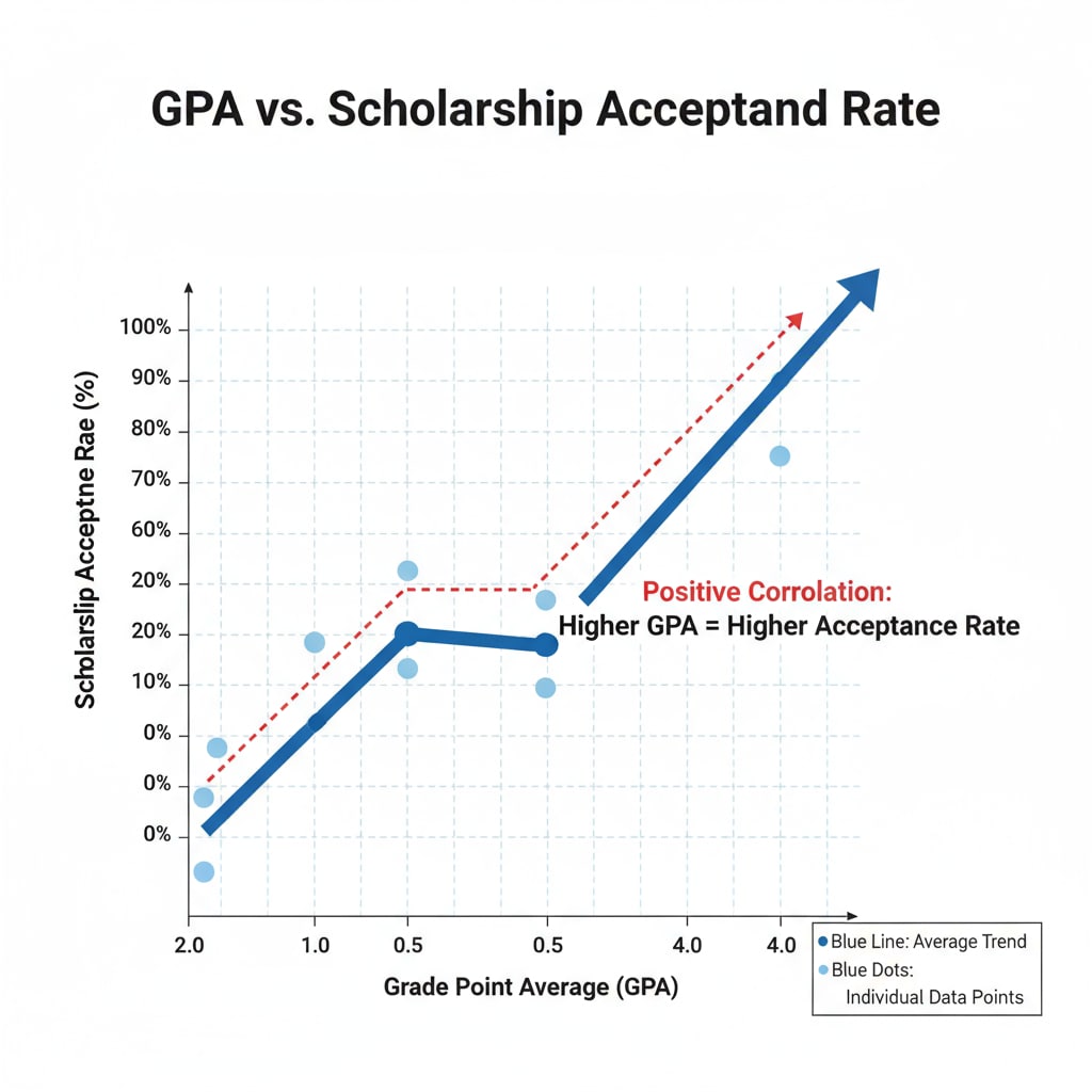 A graph showing the correlation between GPA and scholarship acceptance rates Graph of GPA and scholarship acceptance rates, relevant to GPA, scholarship applications, and technical skills