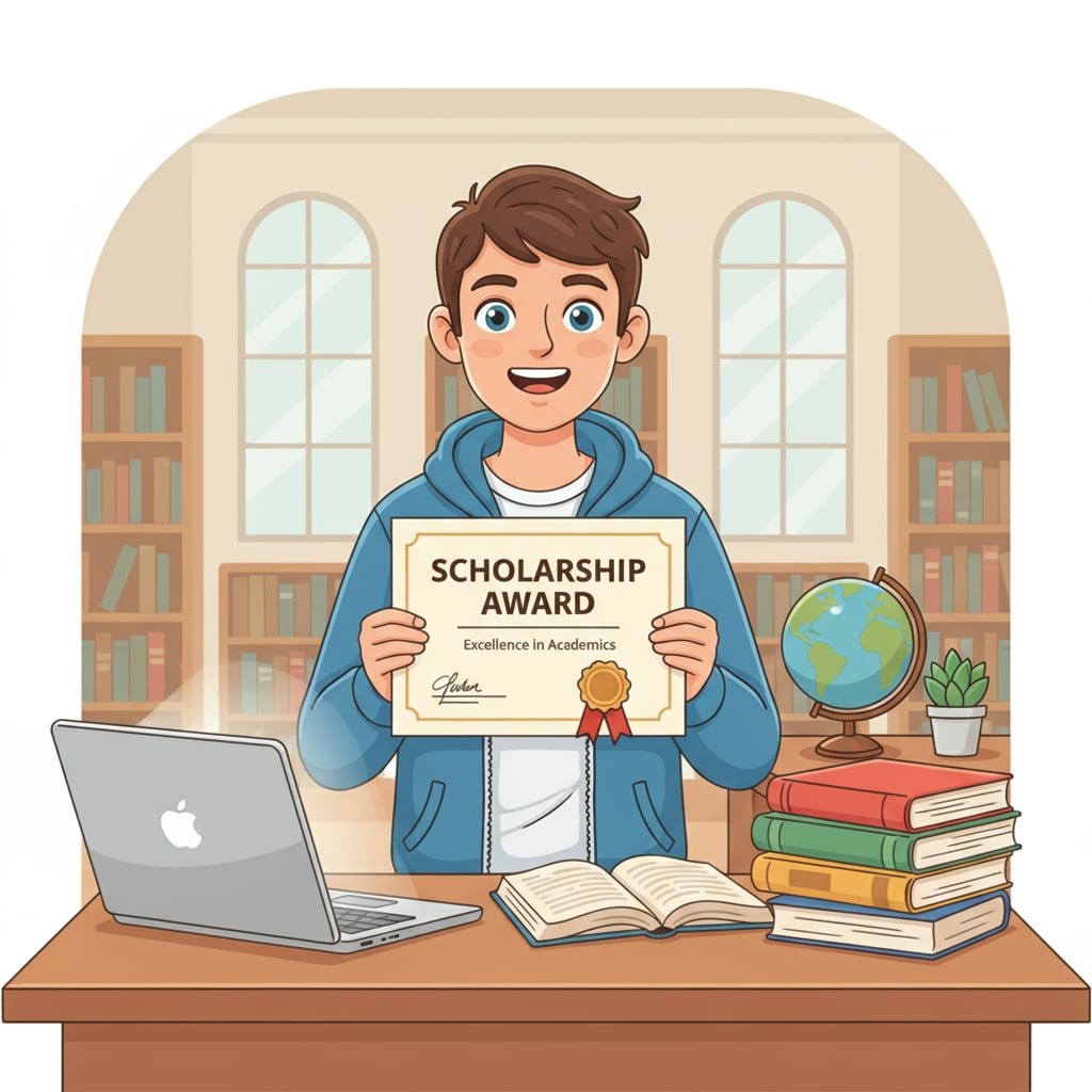A student smiling while holding a scholarship certificate, with a laptop and books in the background Student with scholarship certificate, laptop, and books, related to GPA, scholarship applications, and technical skills