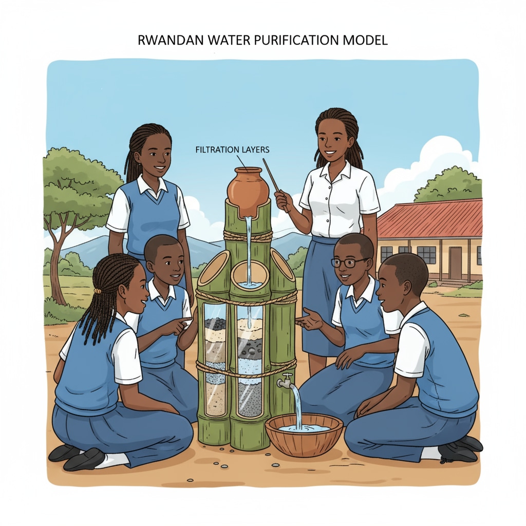 A group of Rwandan middle school students are gathered around a simple water filtration model crafted from local materials like bamboo and sand. They are observing and discussing how it works. Rwandan middle school students examining a water filtration model in a STEM project for water resources education in a low-income community