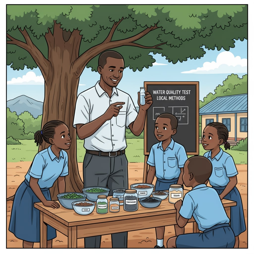 A Rwandan teacher is holding a small vial of water and demonstrating water quality testing to a group of students. The students are attentively watching and learning about the process using locally available substances. Rwandan teacher explaining water quality testing to students in a water resources STEM education project in a low-income community