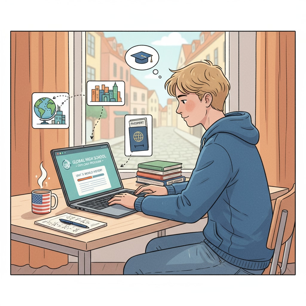 An American teen sitting at a desk, studying online with a laptop, representing the pursuit of an online high school diploma while living abroad American teen studying for an online high school diploma overseas