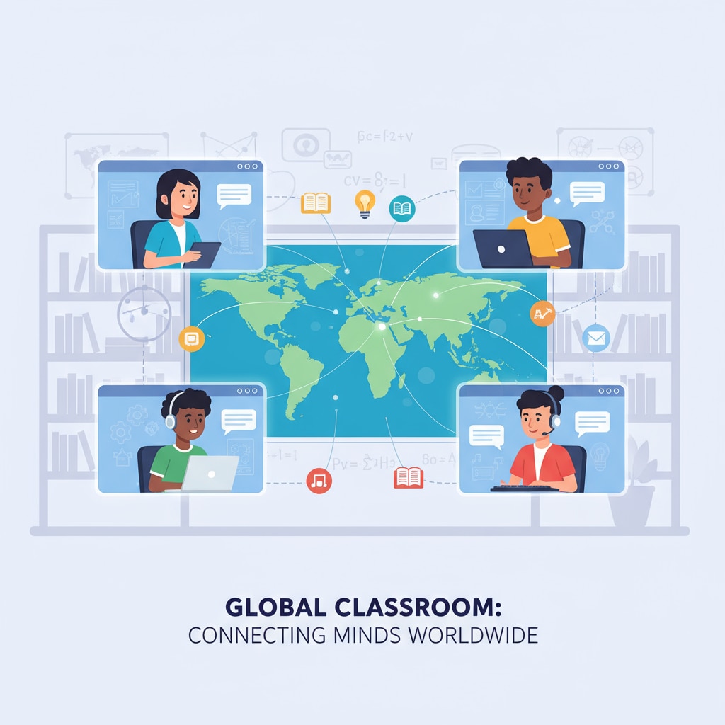 A group of students from different countries collaborating on an online high school project, highlighting the international aspect of online education for overseas teens International students collaborating on an online high school project