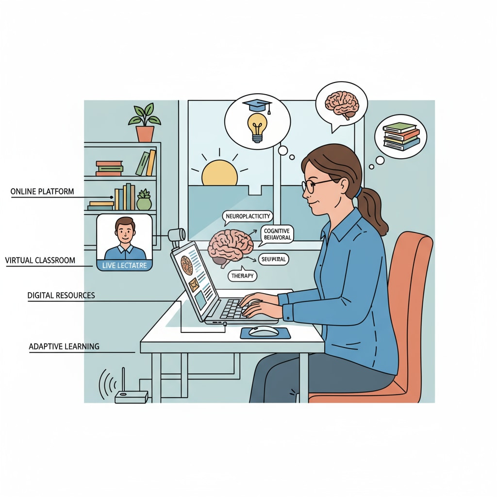 An adult student is engaged in an online learning session, with a laptop showing educational materials. Adult student studying online to earn credits for graduation