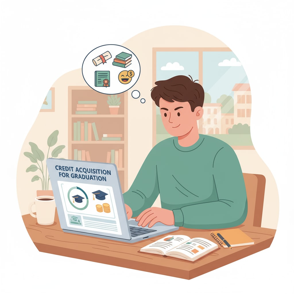 A person sitting at a desk, concentrating on a laptop while taking an online course related to credit acquisition for graduation. Adult learner focusing on an online course for credit towards graduation