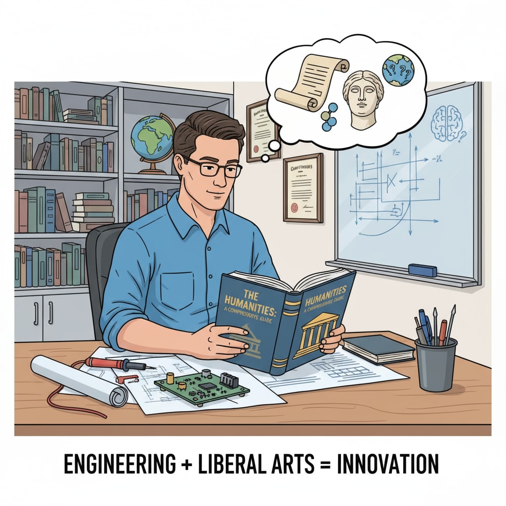 An engineer reading a liberal arts book for low-cost education exploration.