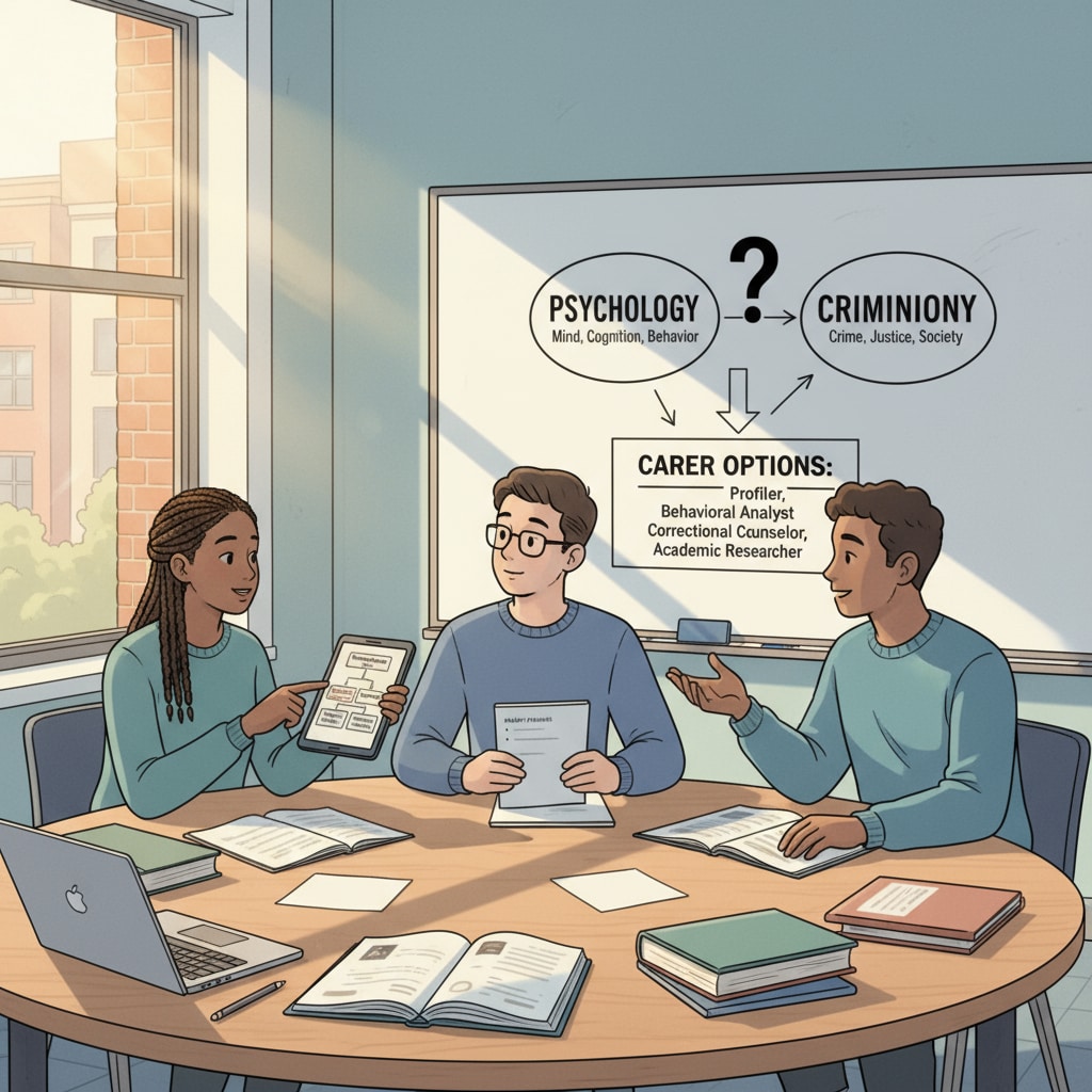 A classroom scene with students discussing academic plans related to psychology and criminology Students discussing dual degrees in psychology and criminology in a classroom